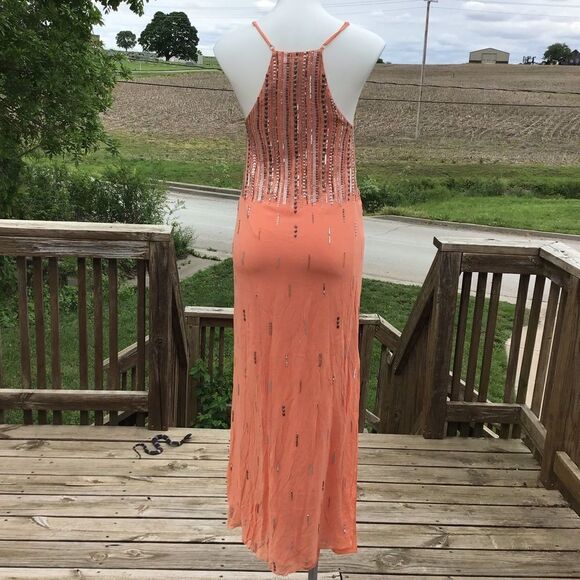 Nordstrom MLV Orange Sequin Metallic Shimmer Maxi Dress Spaghetti Strap - Picture 3 of 10
